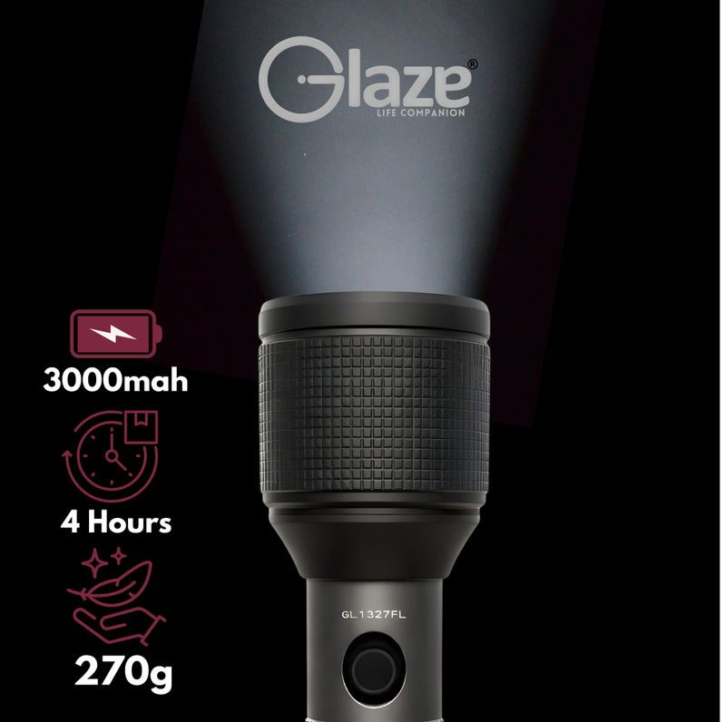 جليز مصباح يدوي LED قابل لإعادة الشحن، طاقة عالية 15 واط، مدى إضاءة يصل إلى 400 متر، بطارية ليثيوم أيون 18650، شحن USB، عمر افتراضي يصل إلى 100,000 ساعة، مصباح يدوي شديد التحمل GL1327FL - أسود - Image 3